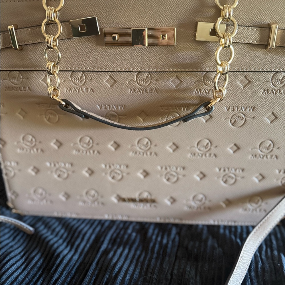 Mayle Beige Embossed Shoulder Bag with Gold Chain